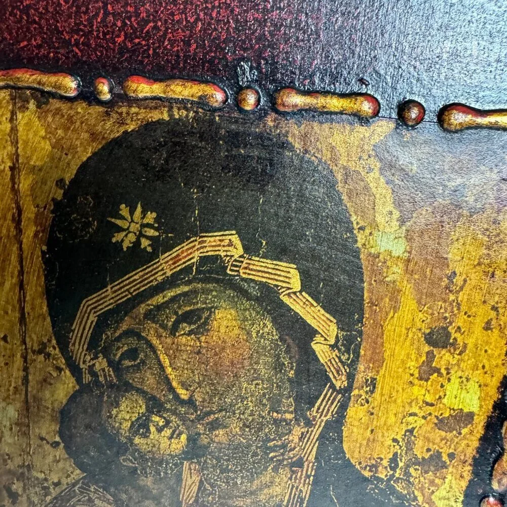 Antique Orthodox Religious Mother Of God Virgin Mary Wooden  Icon